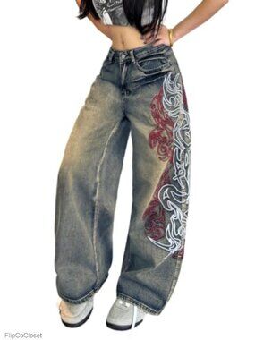 Women's Baggy Embroidered Wide Leg Jeans Denim Pants